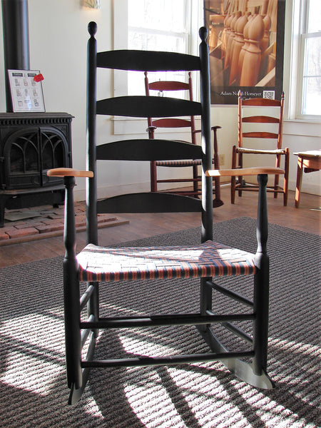 Alfred Village Shaker Rocker - modern width with cracked pepper paint, cherry arms, and Shaker Flame chevron