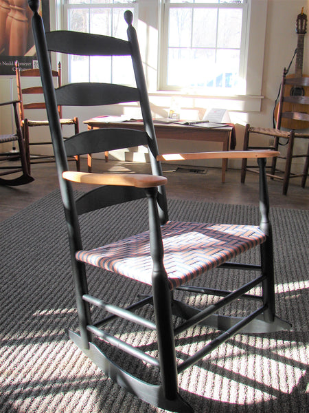 Alfred Village Shaker Rocker - modern width with cracked pepper paint, cherry arms, and Shaker Flame chevron